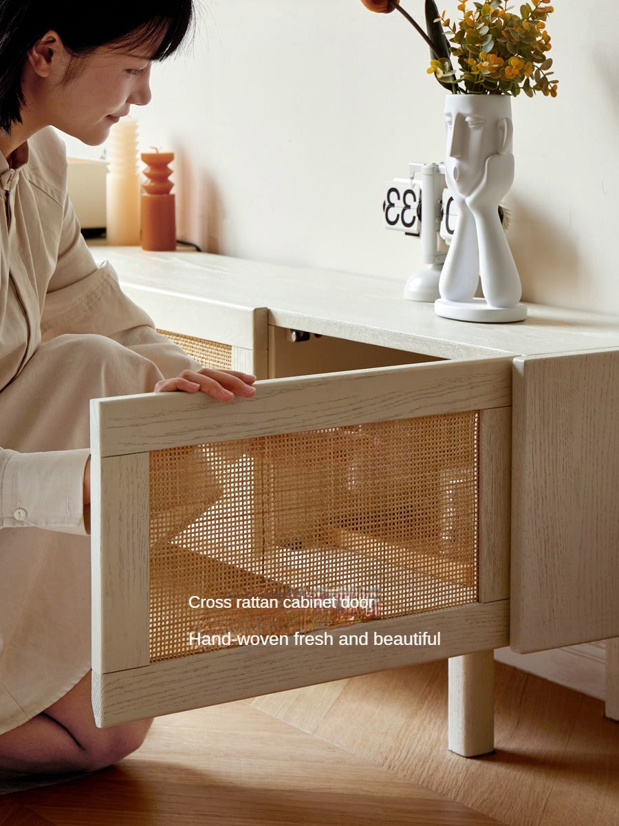 Oak Solid Wood Rattan Suspended TV Cabinet.