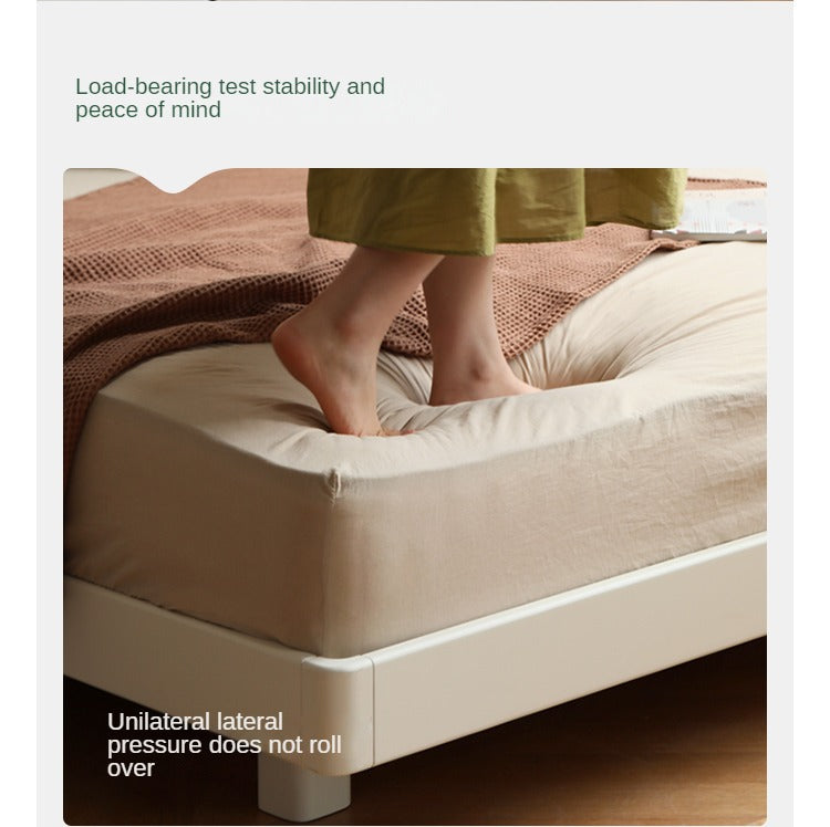 Rubberwood Solid Wood White Cream Platform Bed, Headboard-Free Bed