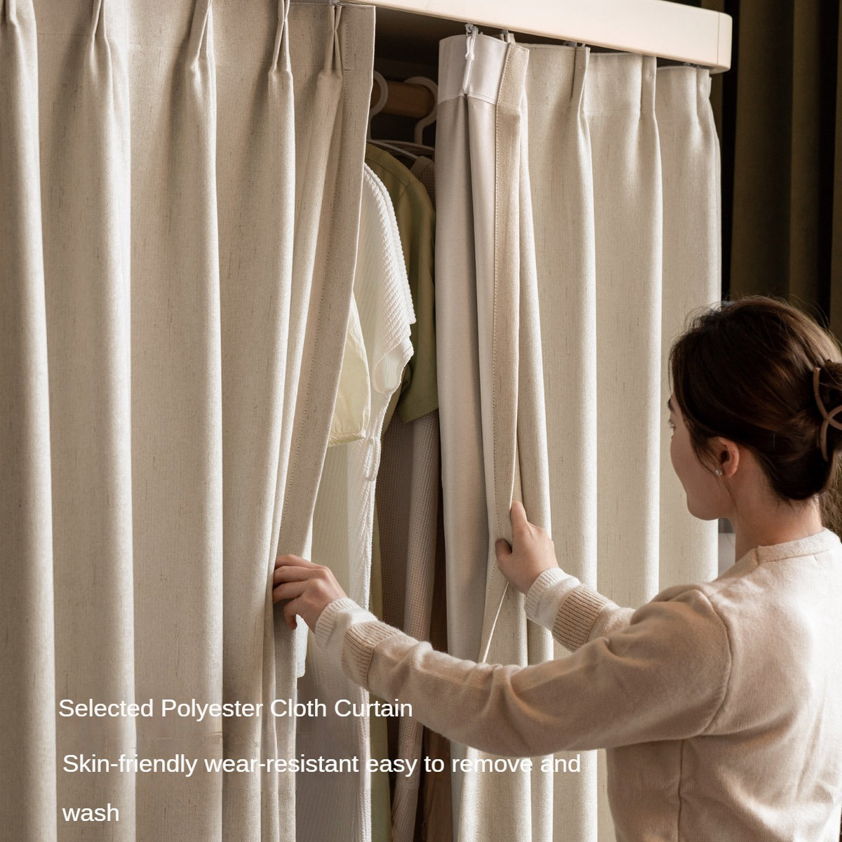 Poplar Solid Wood White Cream Walk-in Curtain Wardrobe.