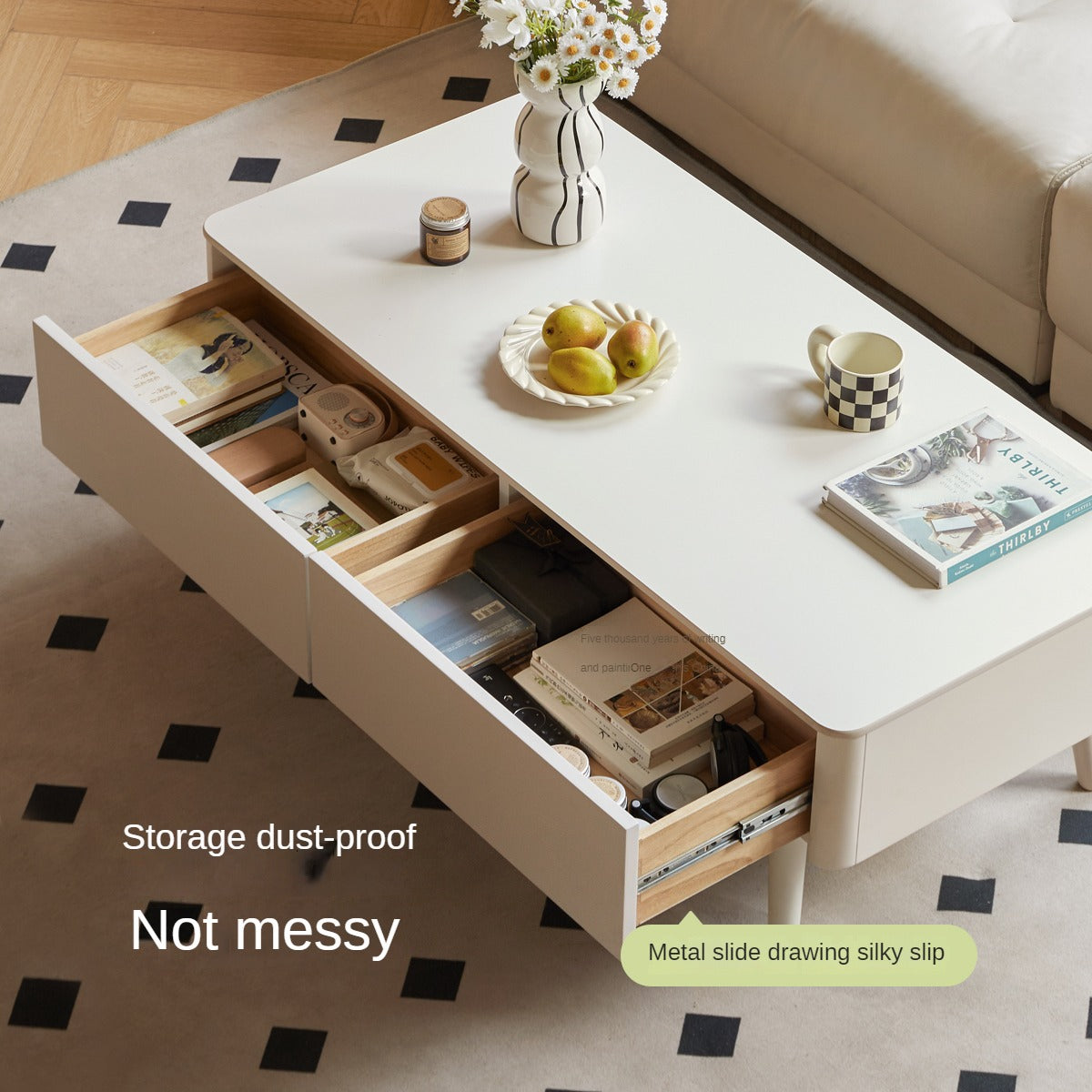 Rubber Solid Wood White Cream Style Rock Plate Coffee Table