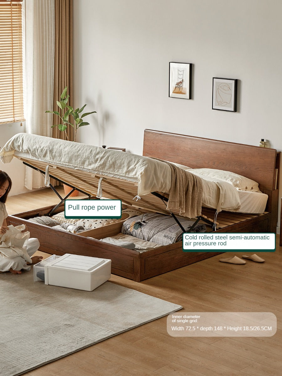 Oak, Rubberwood Solid Wood, Multifunctional Storage Box Bed