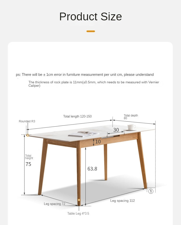 Oak Solid Wood Folding Dining Table Rock Slab Surface