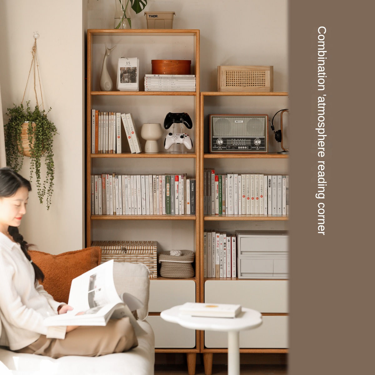 Oak, Solid Rubberwood Modern Storage Bookcase