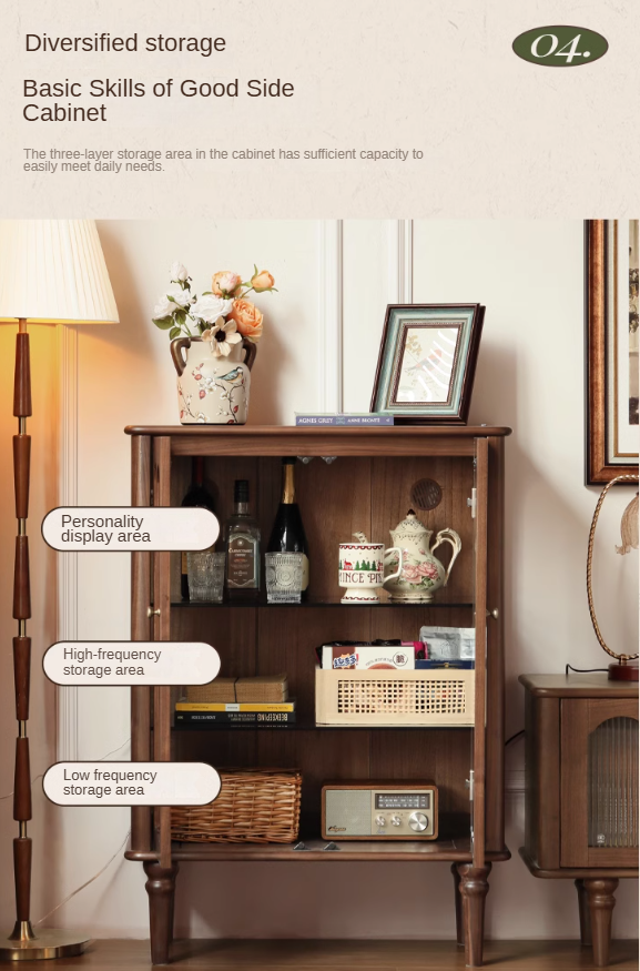 Black Walnut Solid Wood Retro Side Cabinet.