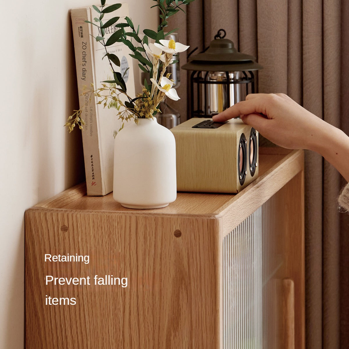 Oak, Cherry Solid Wood Desktop Locker Storage Cabinet Glass Sliding Door