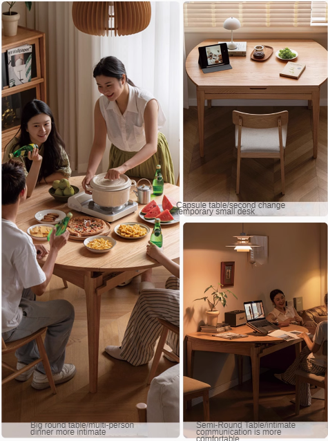 Solid Rubberwood, Oak Solid Wood Folding Round Retractable Dining Table