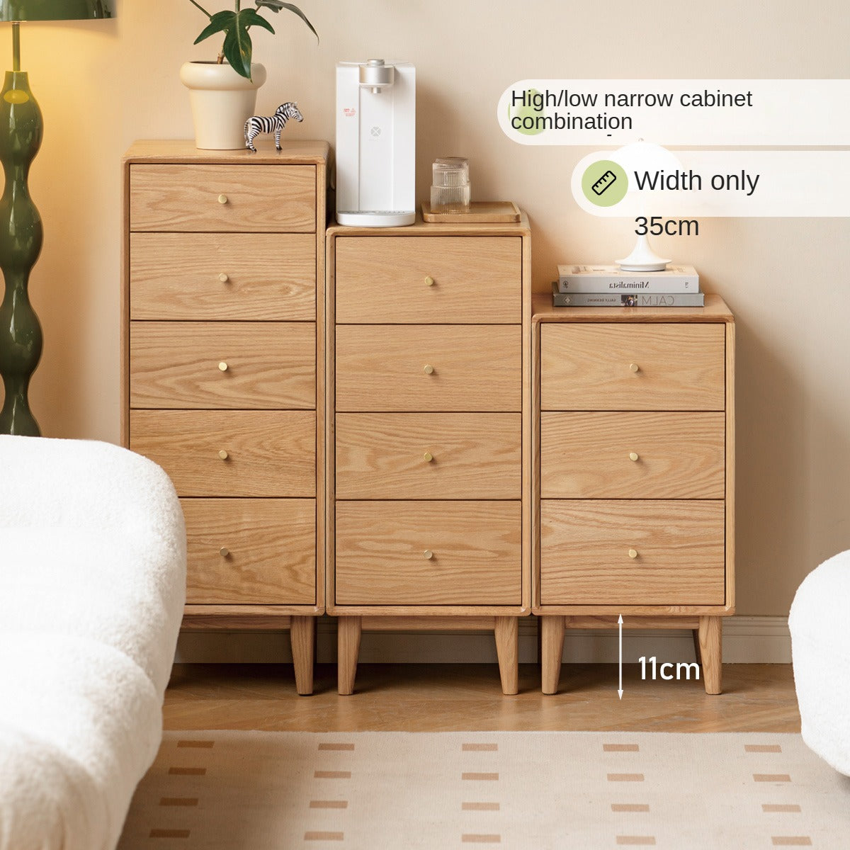Oak, Beech Solid Wood Chest of Drawers, Multi-Functional Storage Cabinet Combination