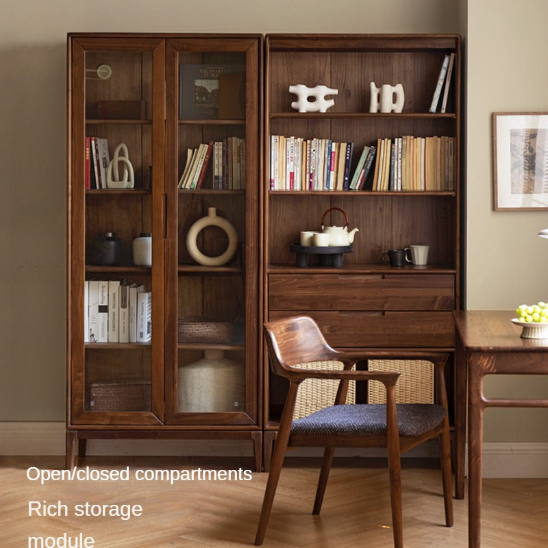 Black Walnut, Ash Solid Wood Combination Dust-Proof Glass Door Bookshelf