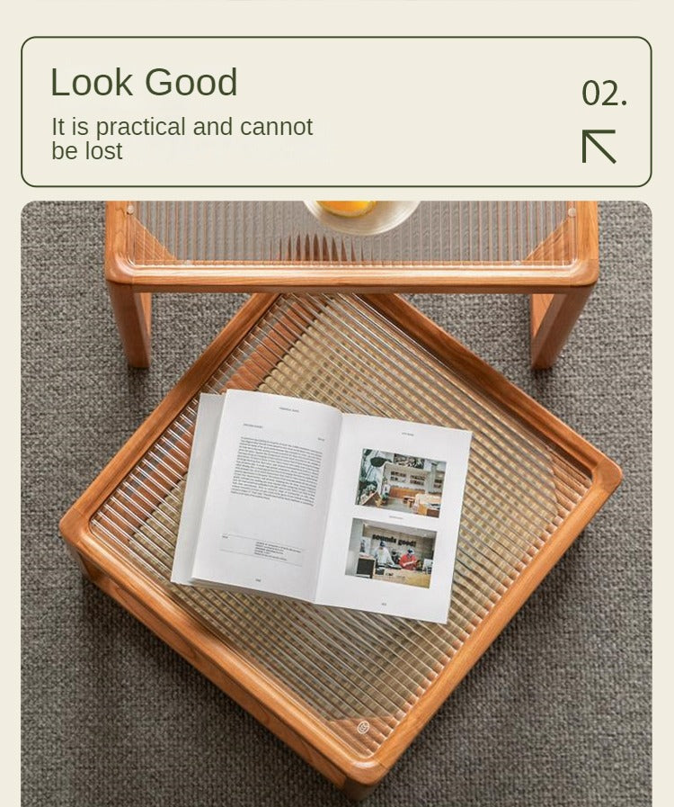 Cherry Solid Wood Square Retro Rattan Coffee Table