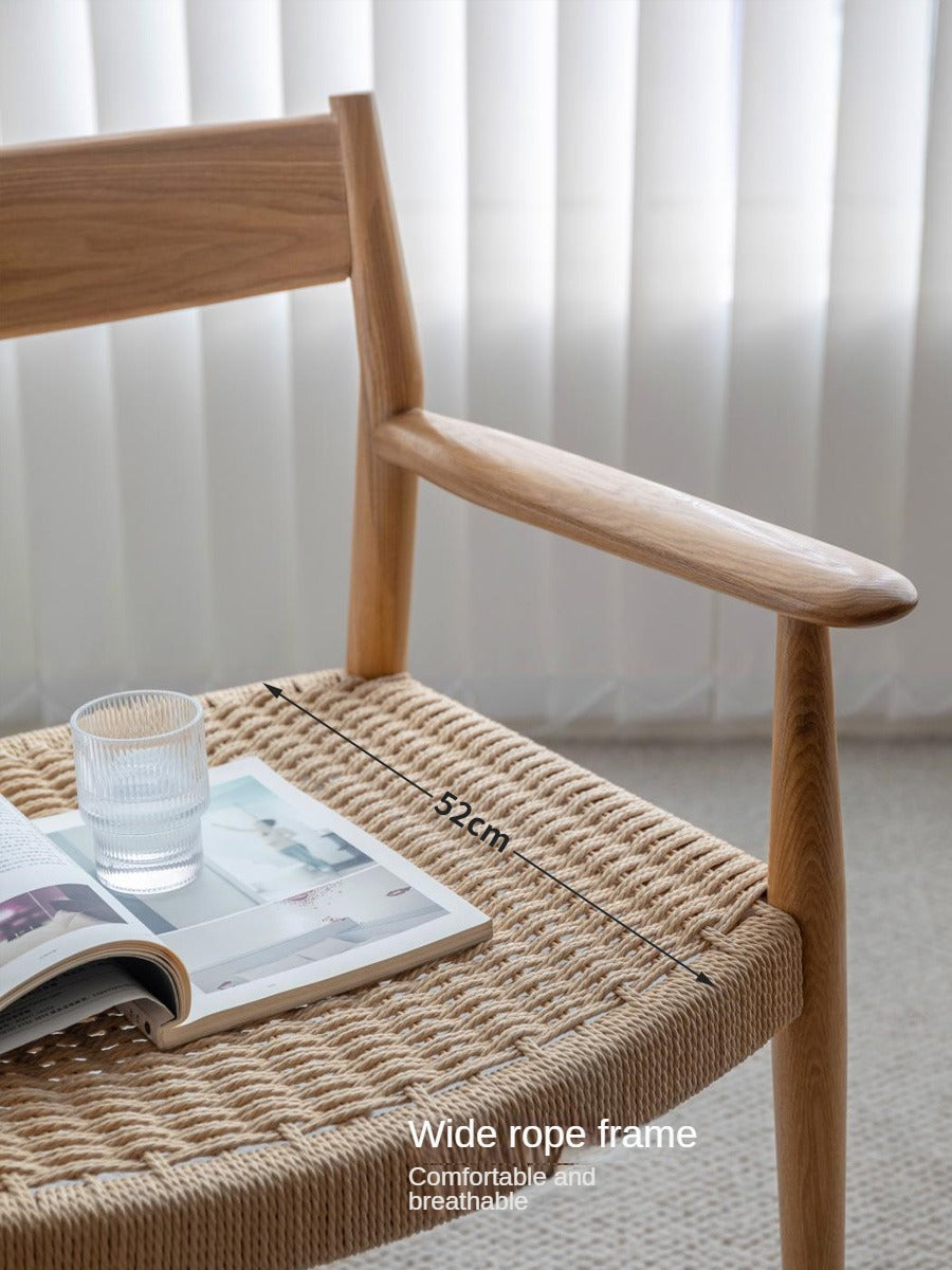 Oak Solid Wood Rope Weaving Chair, Original Wood Leisure Armchair: