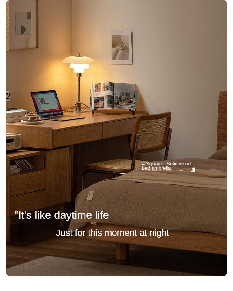 Ash Solid Wood Retractable Desk with Cabinet, Home Office