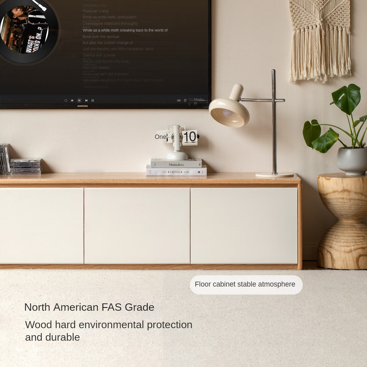 Beech, Oak Solid Wood Modern White Integrated Log Floor TV Cabinet.