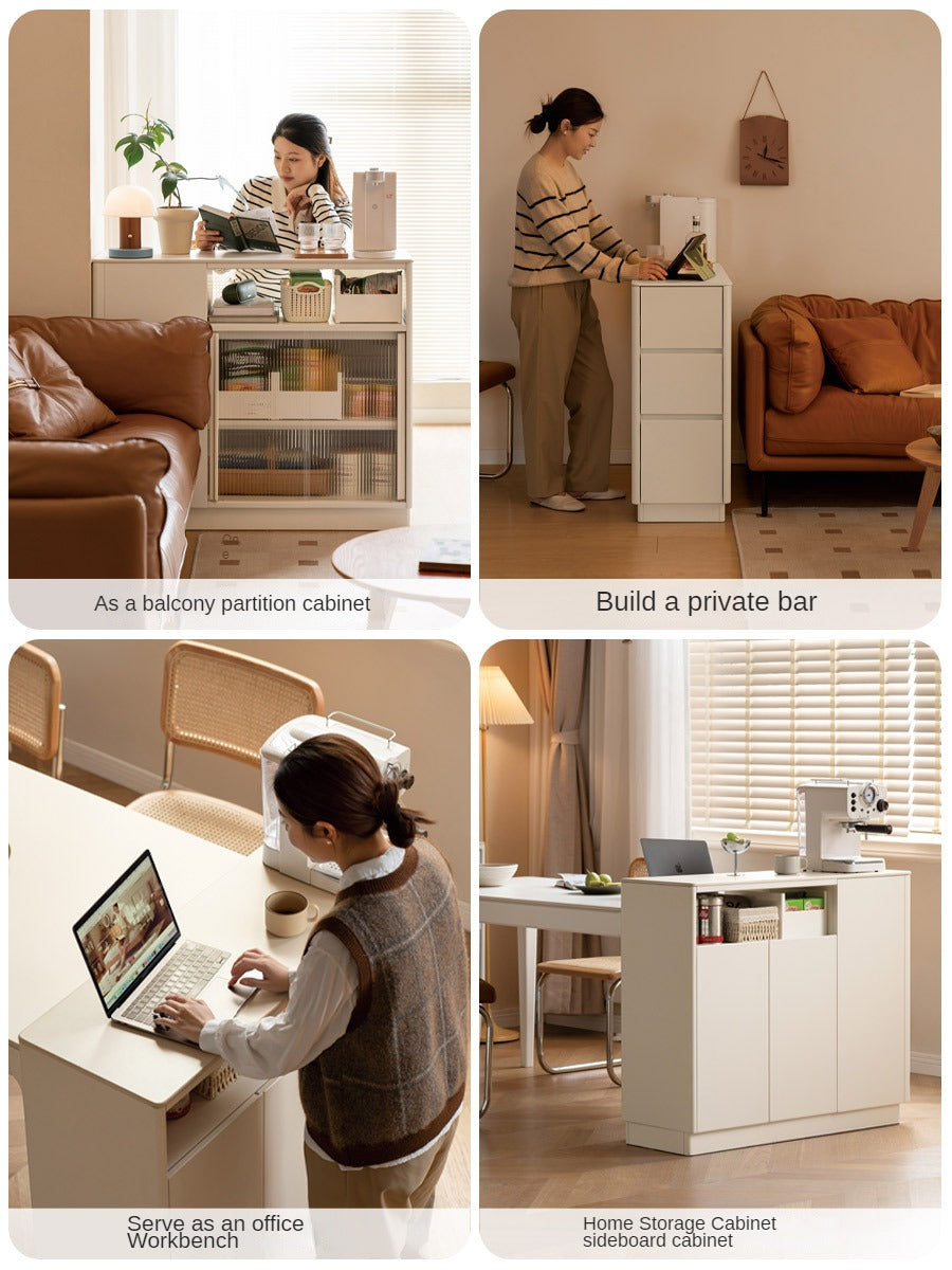 Poplar Solid Wood Partition Dining Cabinet, White Cream Rock Board