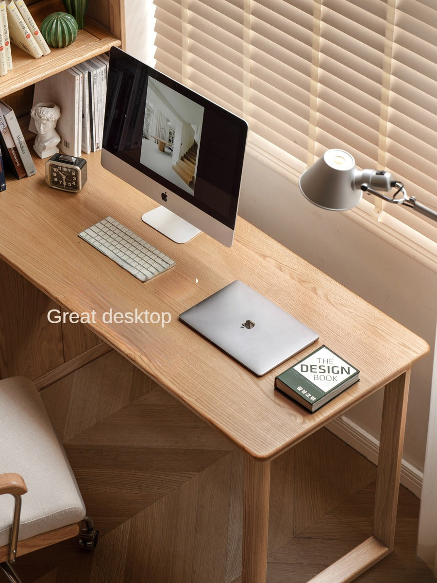 Oak Solid Wood Desk with Bookshelf and Drawer