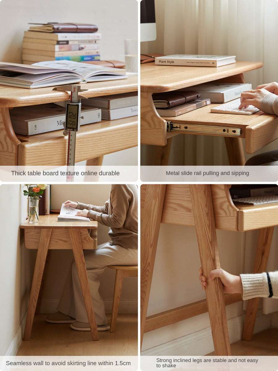 Oak, Solid Rubberwood Narrow Study Desk with Drawers