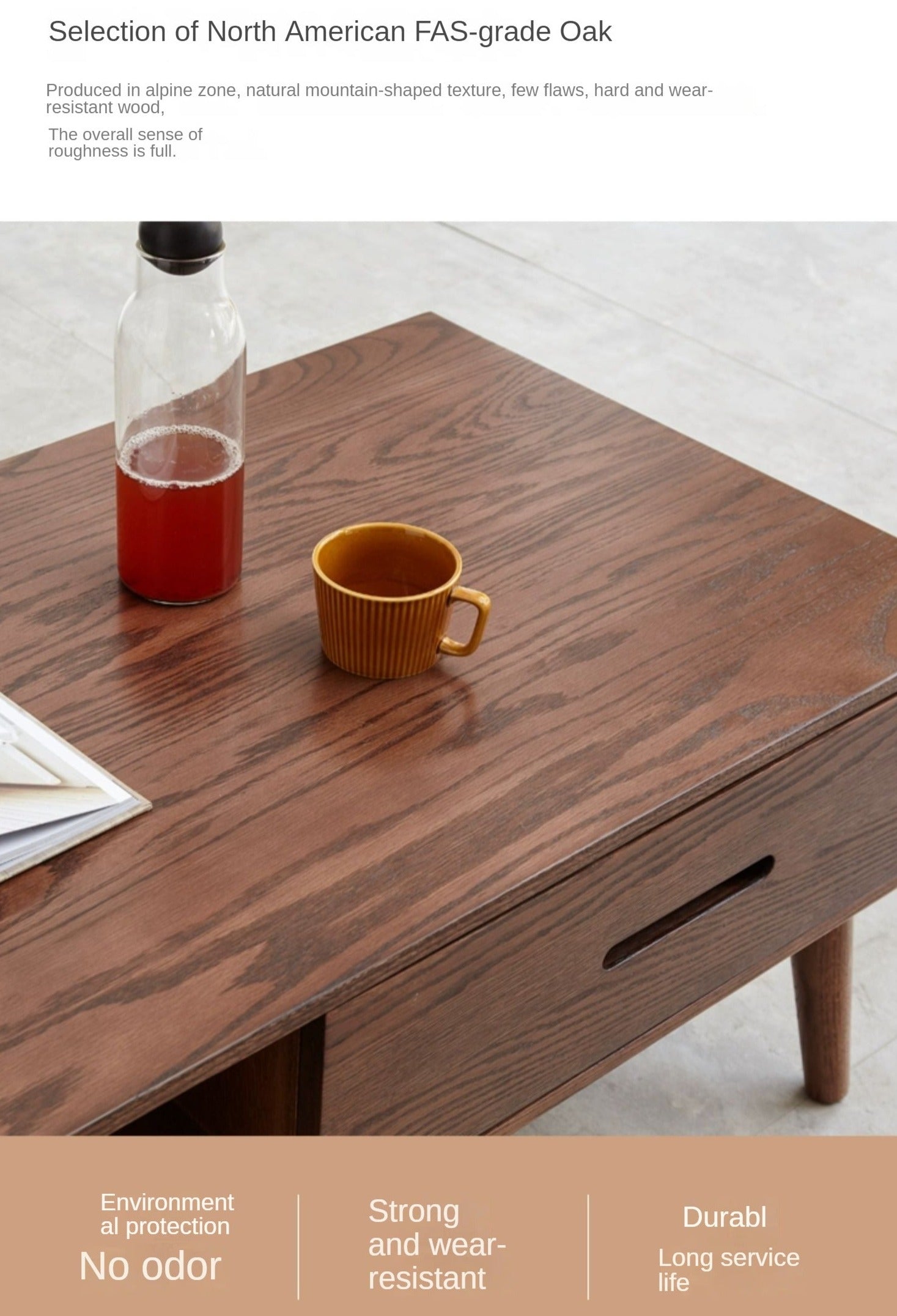 Oak, Solid Rubberwood Two-Drawer Coffee Table Walnut Color