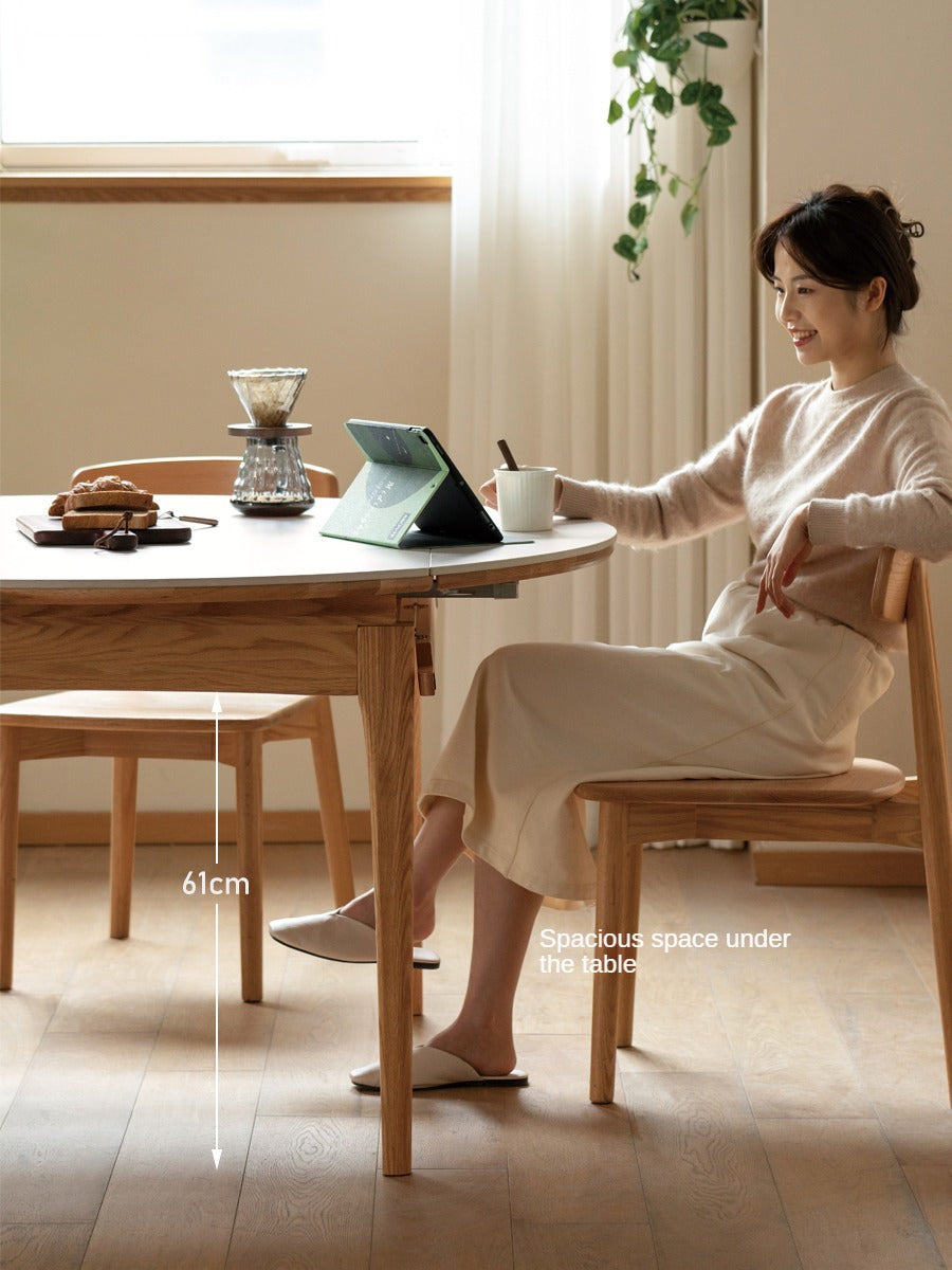 Oak Solid Wood Round Folding Dining Table With Rock Slab Surface