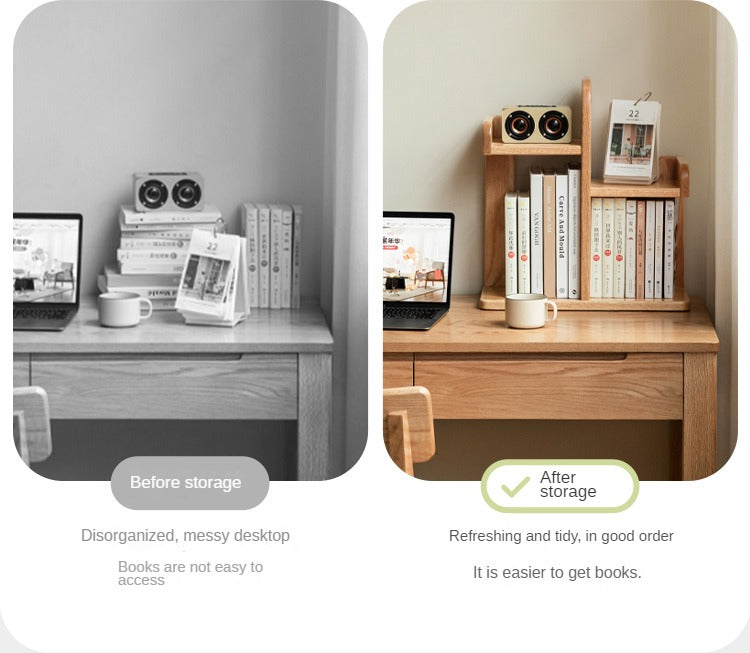 Oak, Solid RubberWood Desktop Multi-Layer Bookshelf