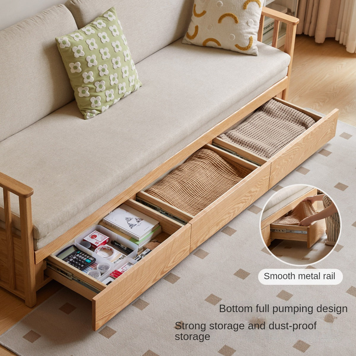 Oak Solid Wood Sitting and Sleeping Dual-purpose Storage Sofa.
