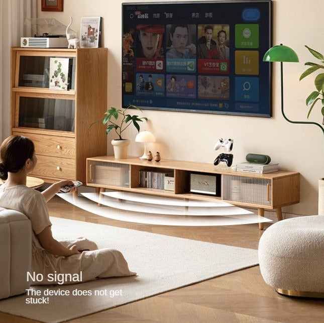 Oak, Rubber Solid wood TV Stand Glass Sliding Door
