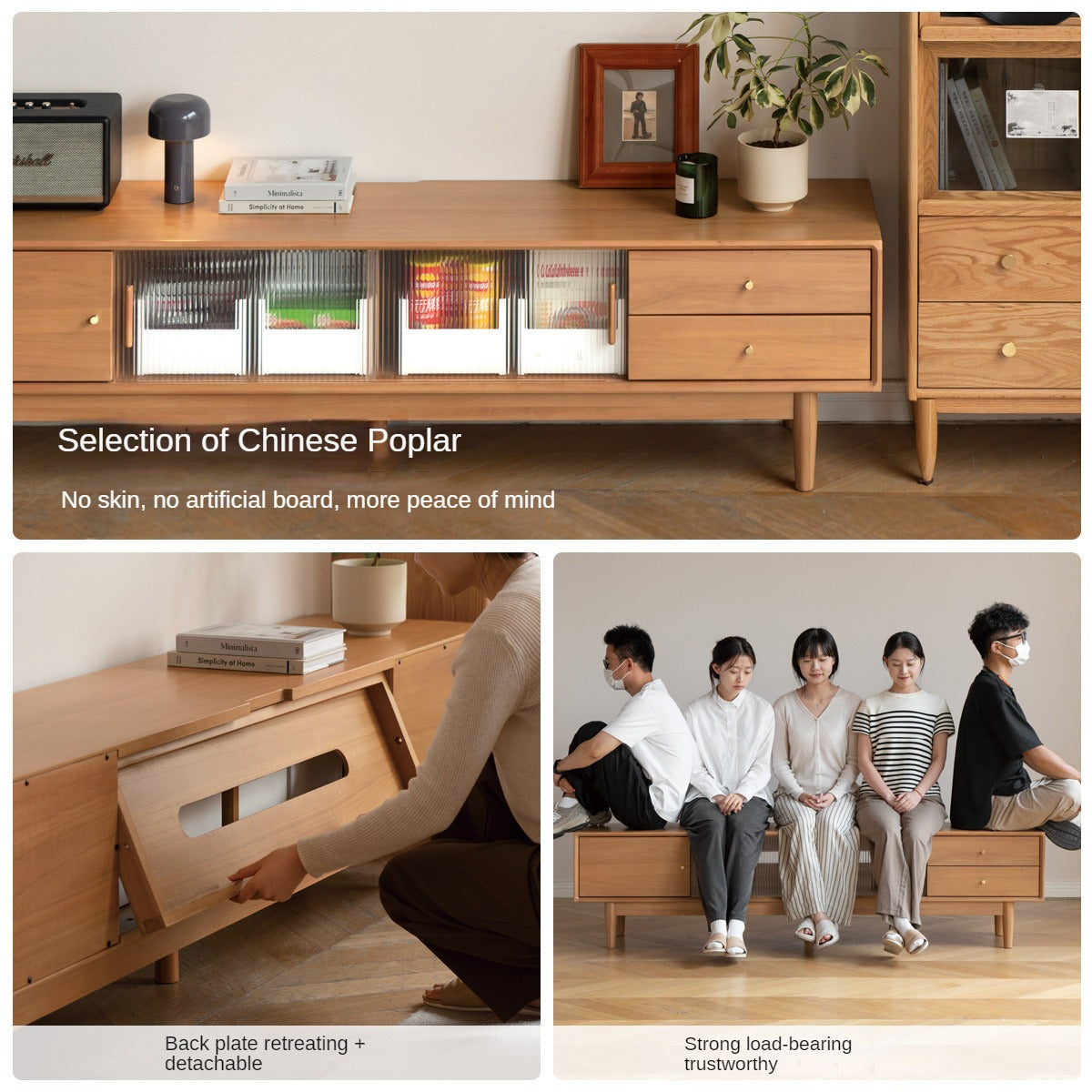 Poplar Solid Wood Glass Sliding Door Storage TV cabinet.