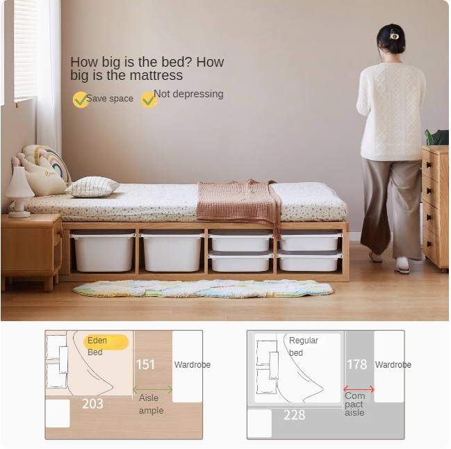 Rubberwood, Oak Solid Wood Children's Box Platform Bed, Headboard-Free Bed