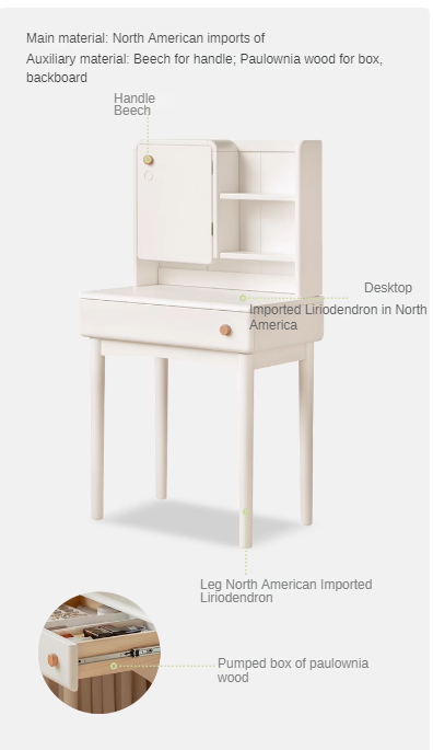 Solid Rubberwood Cream Style Dressing Table With Makeup Mirror.