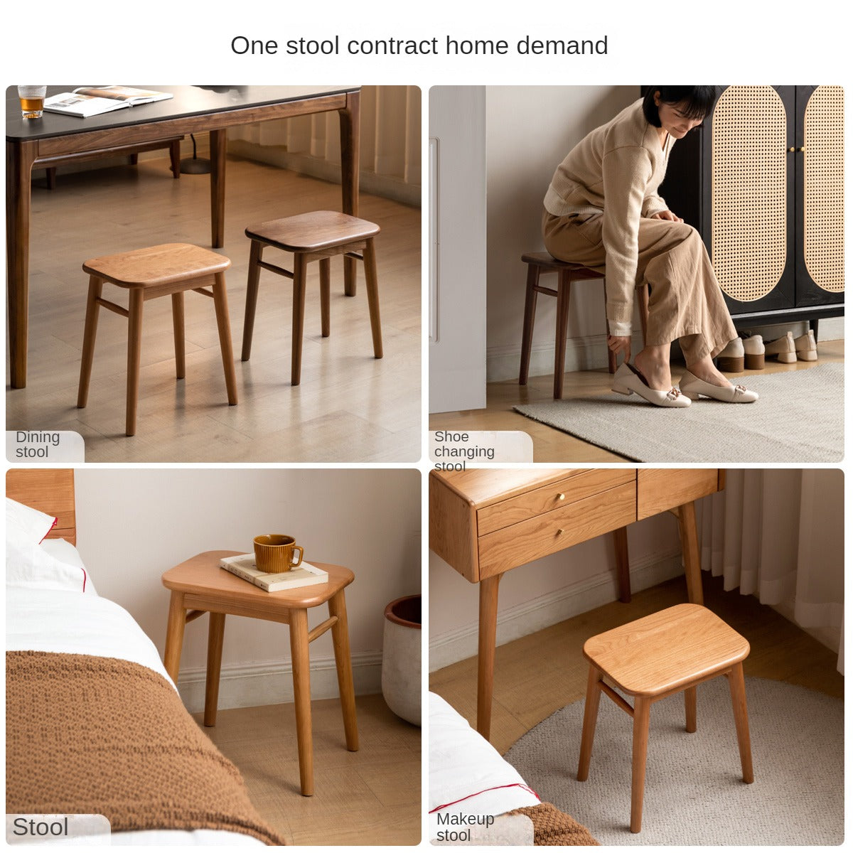 Black Walnut, Cherry, Oak, Sandalwood, Solid RubberWood Modern Light Luxury Makeup Stool