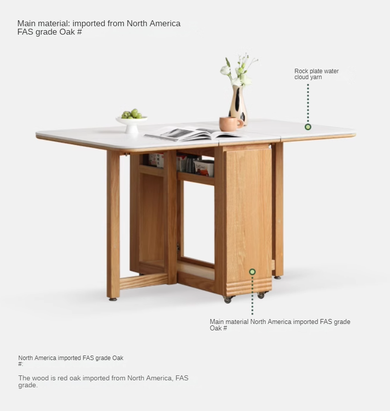 Solid Rubberwood, Oak Solid Wood Modern Rock Slab Folding Dining Table