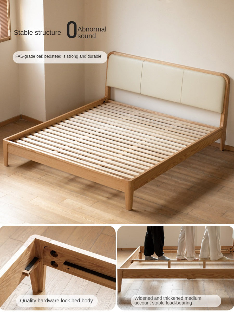 Oak Solid Wood Bed Modern Genuine Leather,Technology Cloth, Fabric