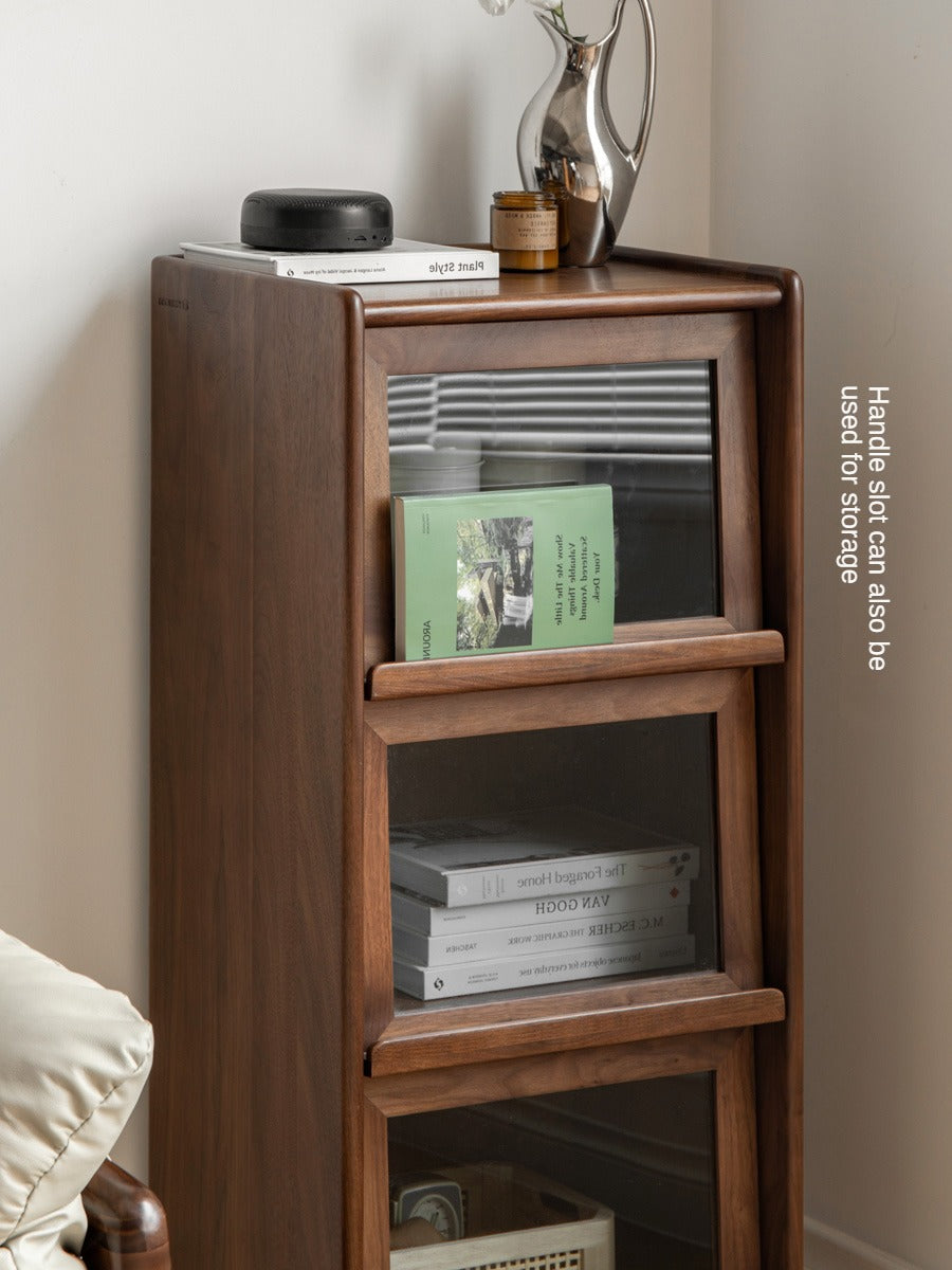 Black Walnut, Oak Solid Wood Glass Flip Door Display Side Cabinet LED Lights
