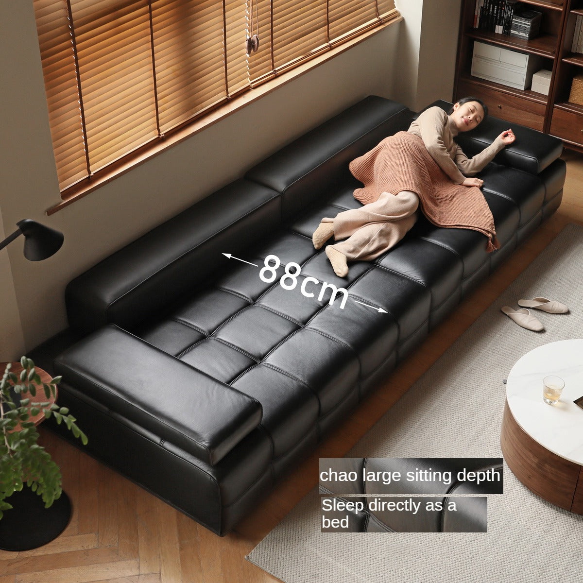 Leather Sofa Italian Black Straight Head Layer Yellow Cowhide.