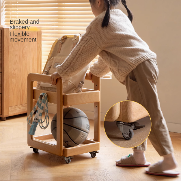 Beech, Rubber Solid Wood Children's Under-the-Table Mobile Modern Storage Rack