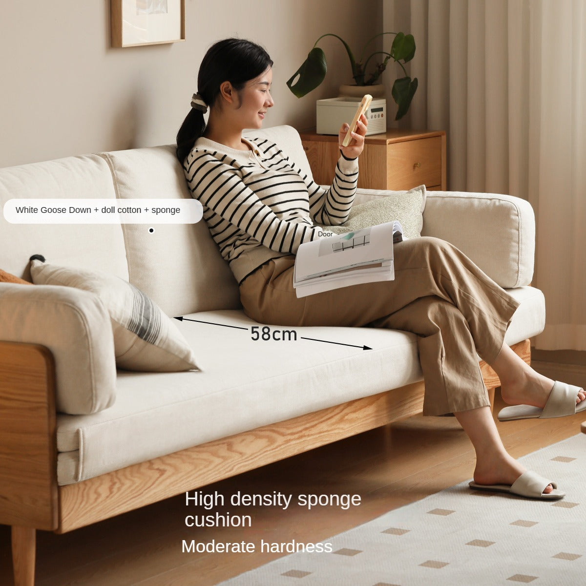 Oak Solid Wood Sofa Bed Folding White Goose Feather Cushions.
