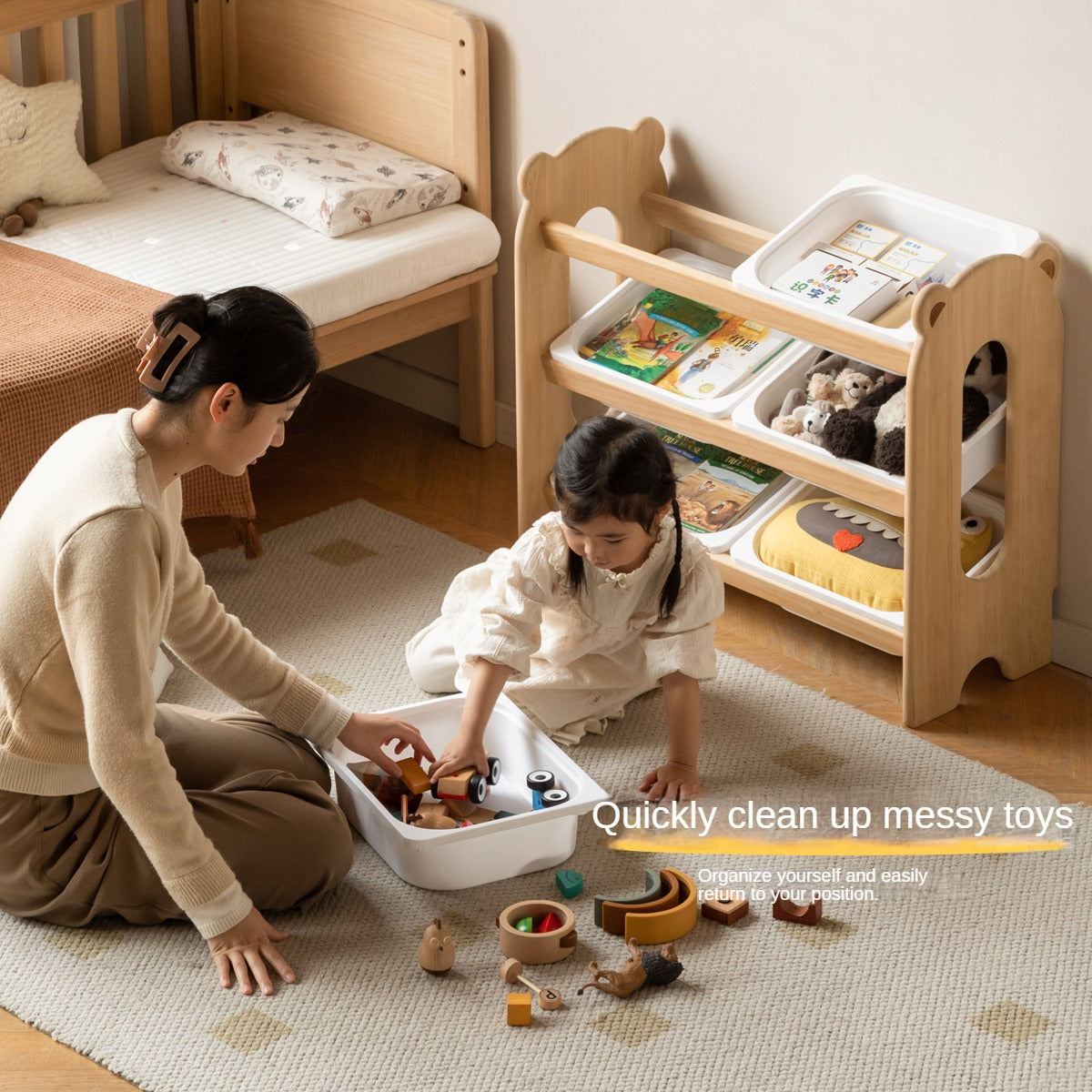 Poplar Solid Wood Children's Floor-standing Multi-layer Storage Rack.