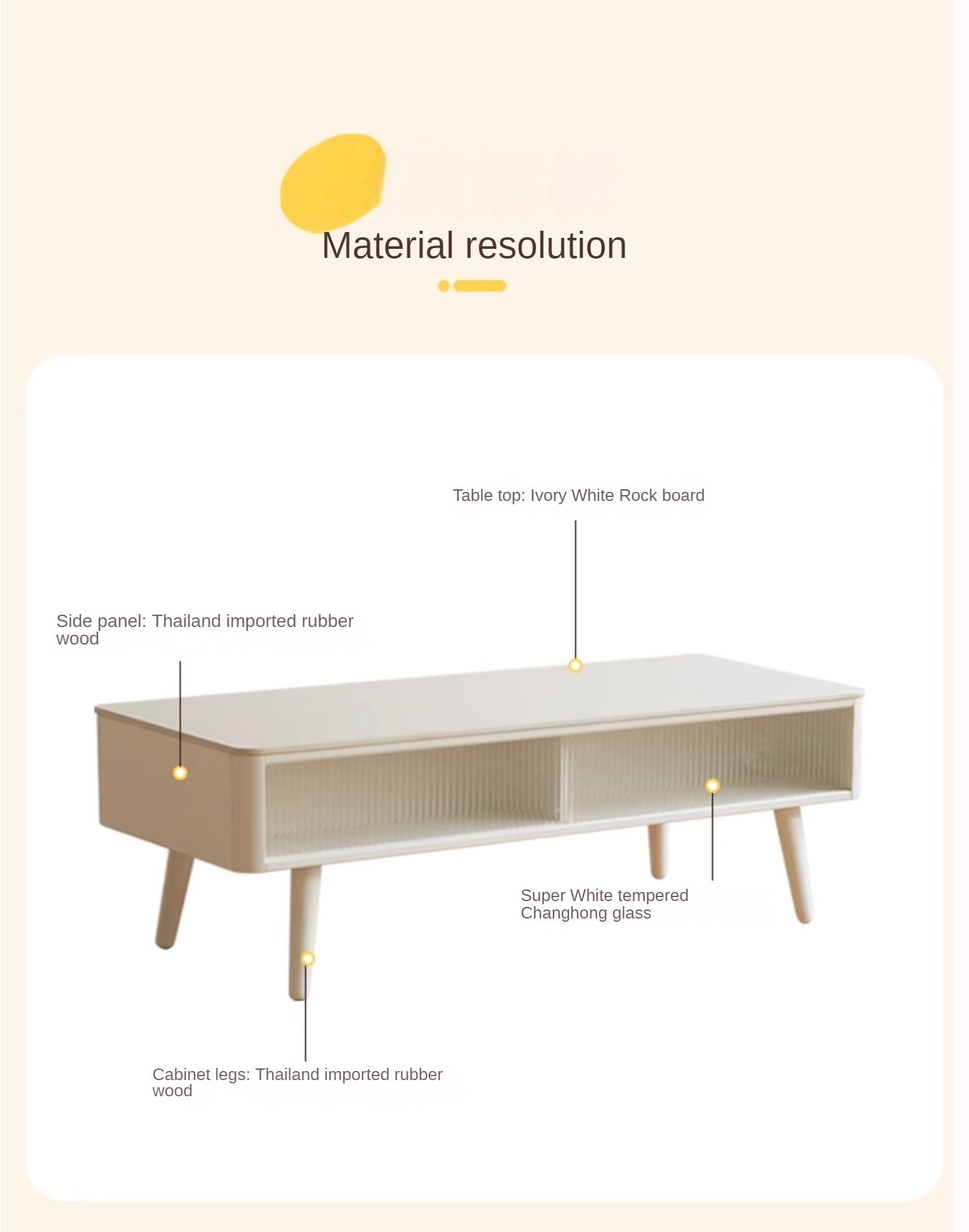 Rubber Solid Wood White Cream Style Rock Plate Coffee Table