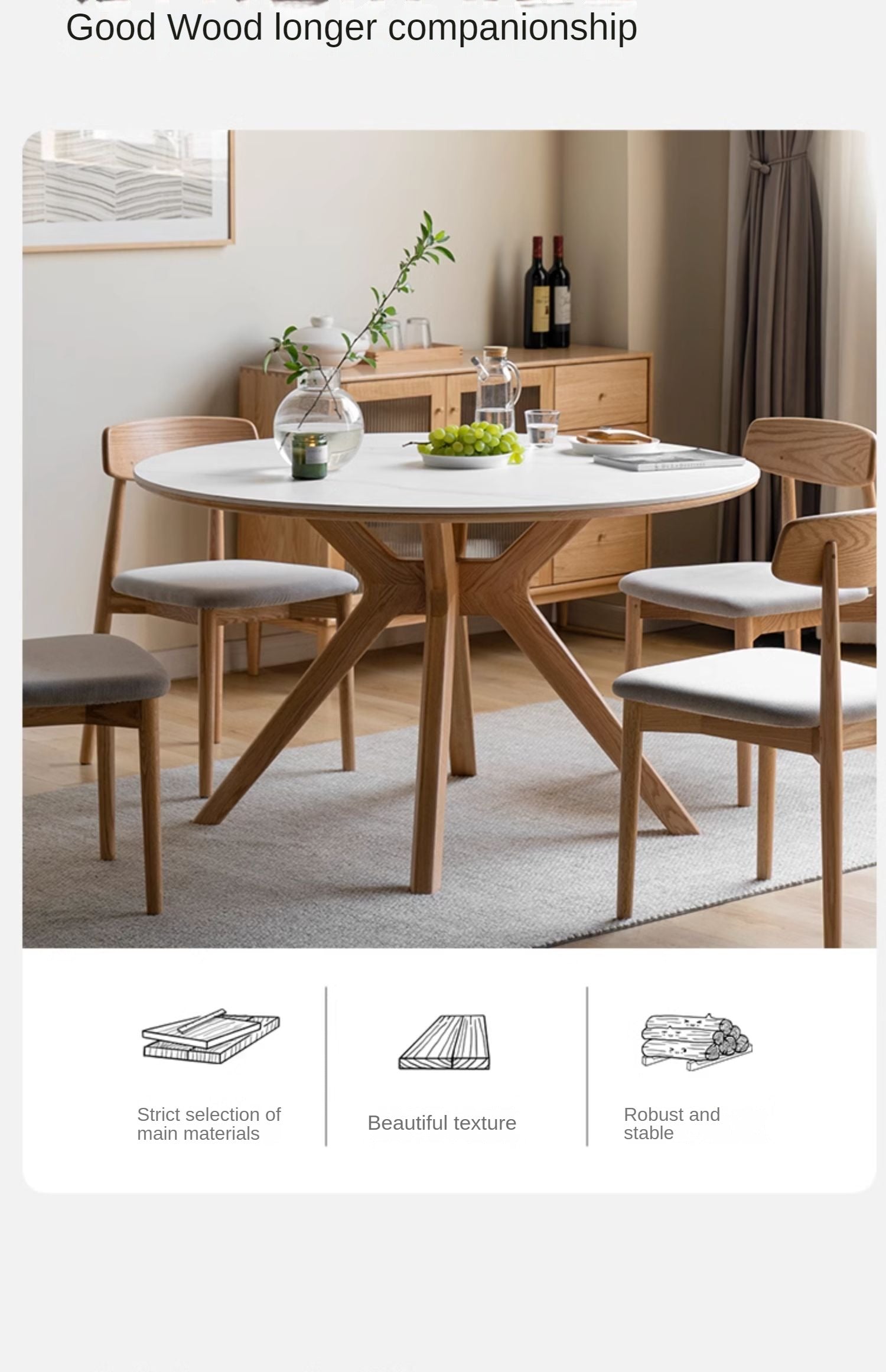 Oak Solid Wood Round Nordic Dining Table With Rock Slab Surface
