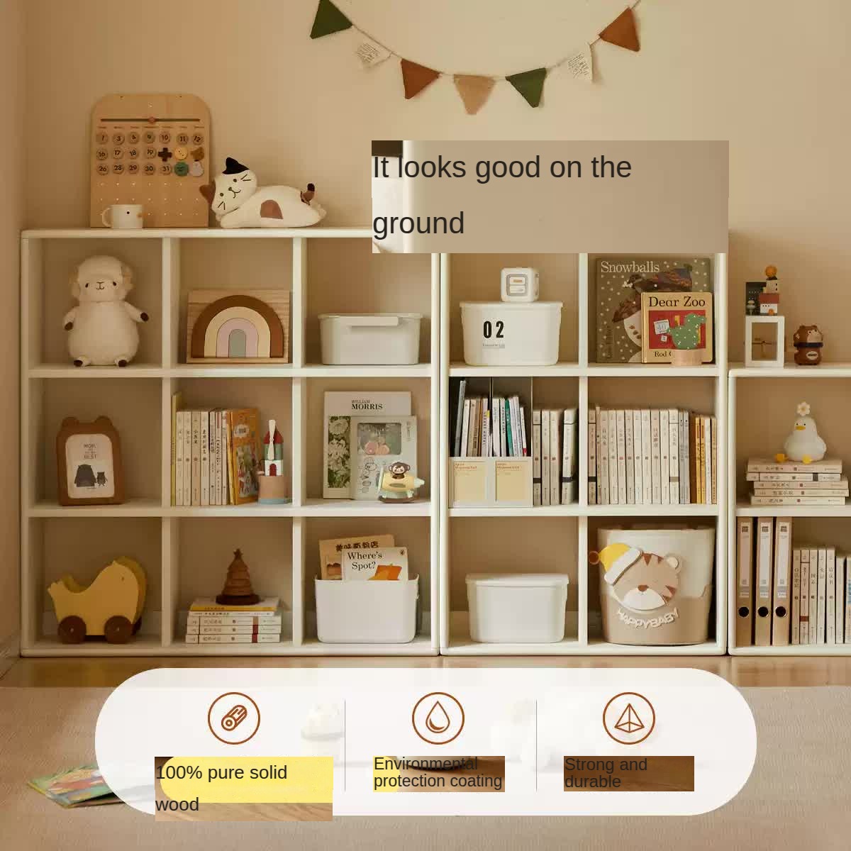 Rubber Solid Wood Modern Cream Style Floor Children's Bookcase
