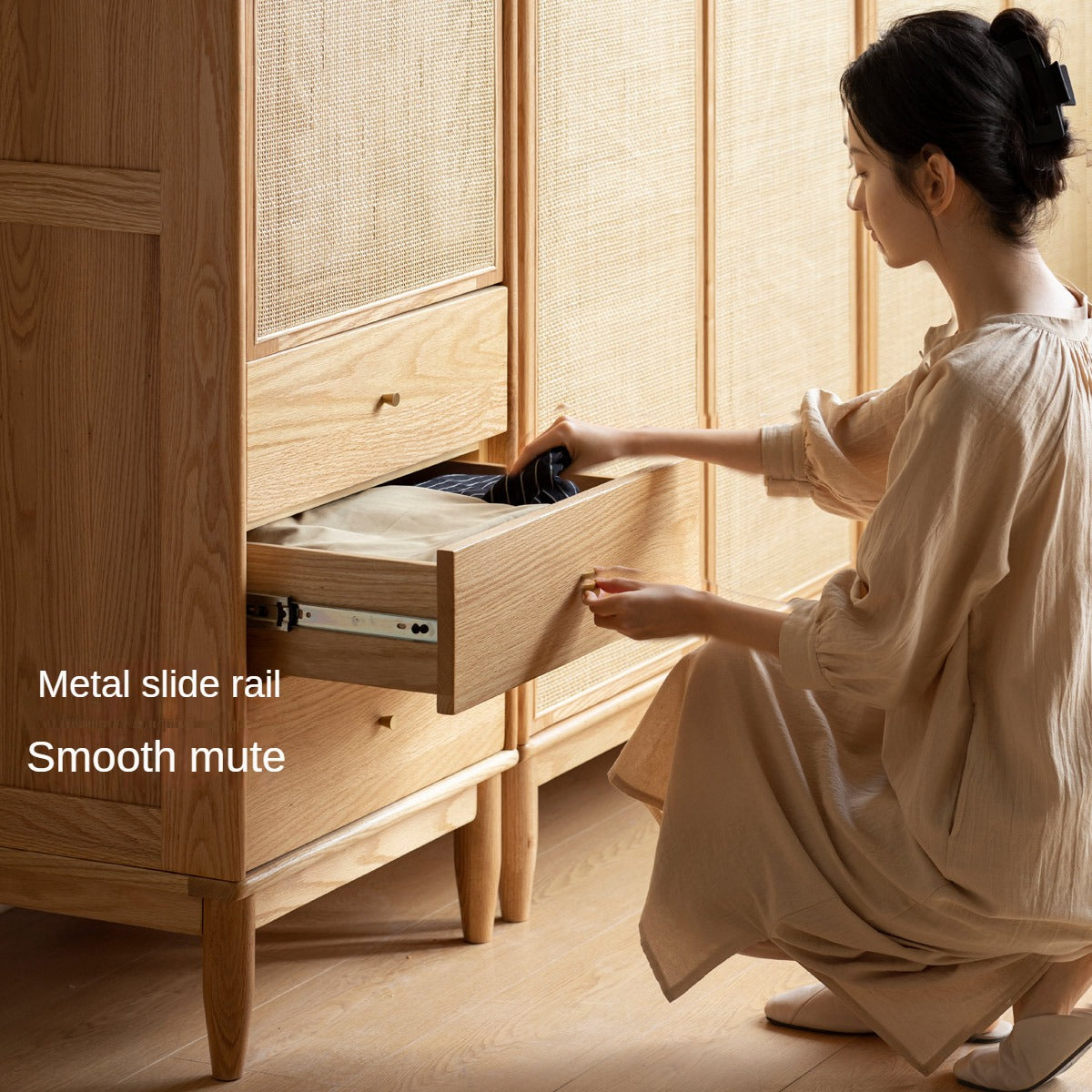 Oak Solid Wood Rattan Wardrobe.
