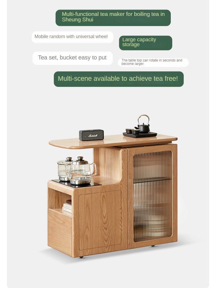 Oak, Black Walnut Solid Wood Movable Tea Cabinet With Tea Maker