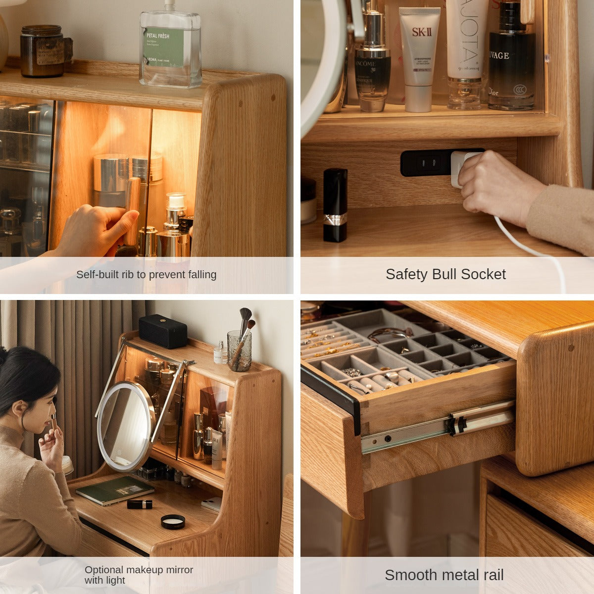 Oak, Ash Solid Wood Vanity Table with Shelf.
