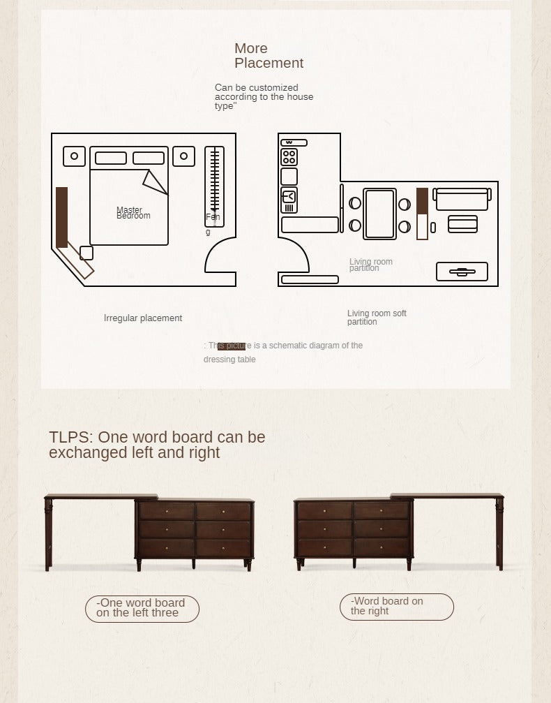 Black Walnut, Poplar Solid Wood American Retro Retractable Dressing Table.
