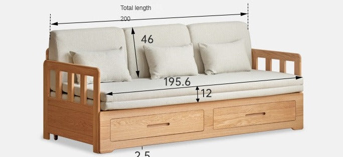 Oak Solid Wood Sofa Bed Folding Retractable Storage.