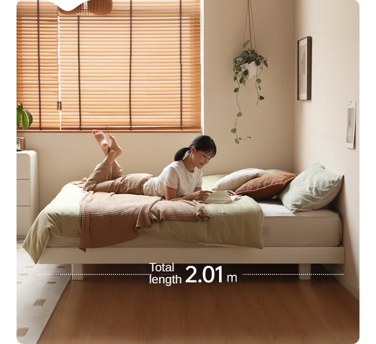 Rubberwood Solid Wood White Cream Platform Bed, Headboard-Free Bed
