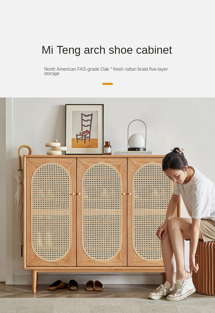 Oak Solid Wood Rattan Shoe Cabinet