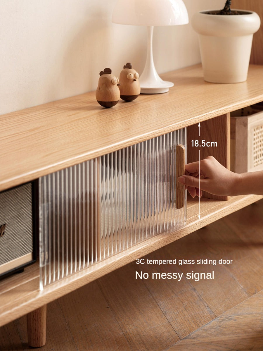 Solid RubberWood, Oak Solid Wood TV Stand Glass Sliding Door