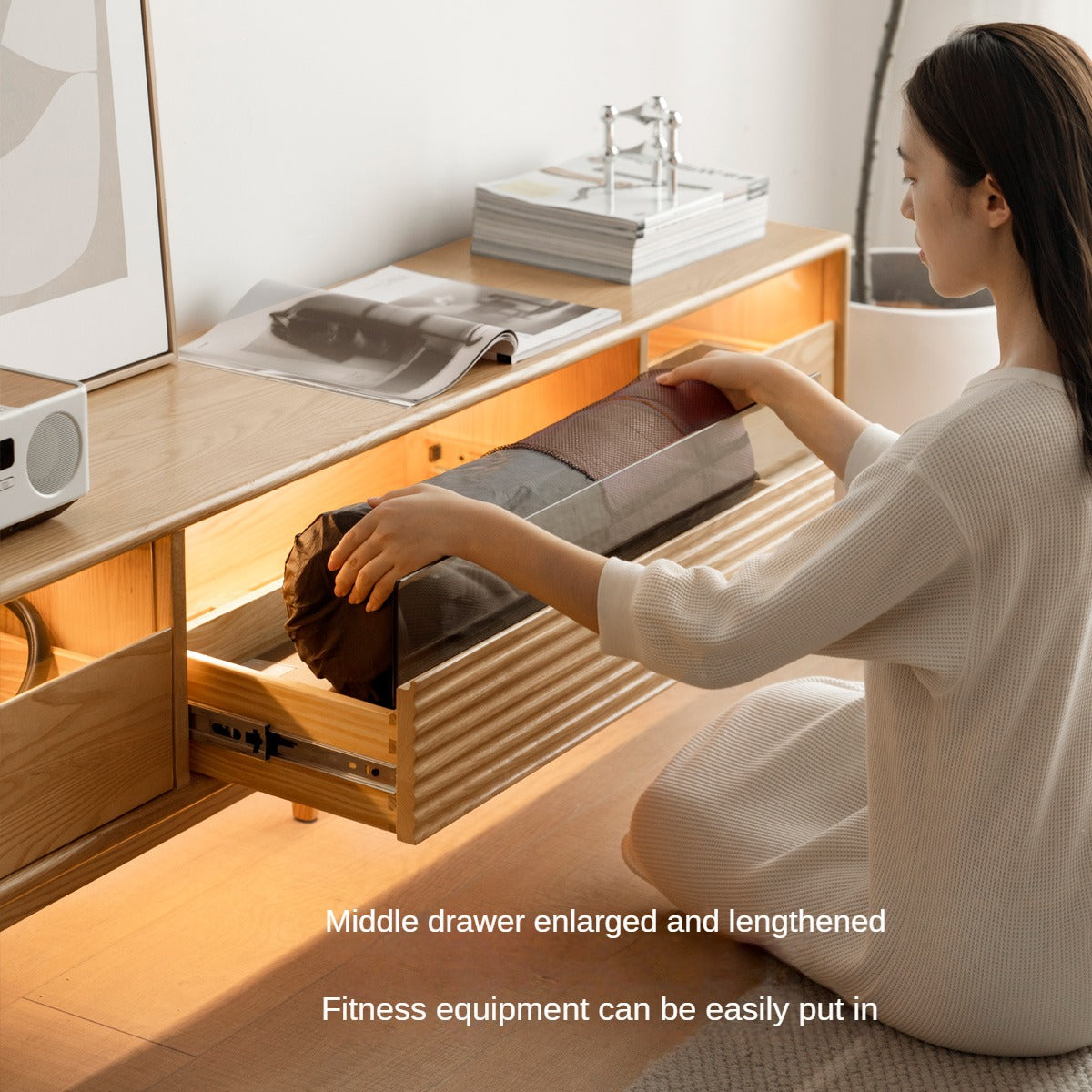 Ash Solid Wood Floor Modern Rock Board TV Cabinet.