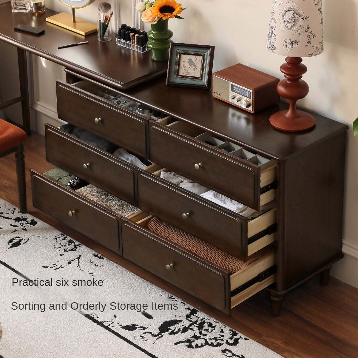Black Walnut, Poplar Solid Wood American Retro Retractable Dressing Table.