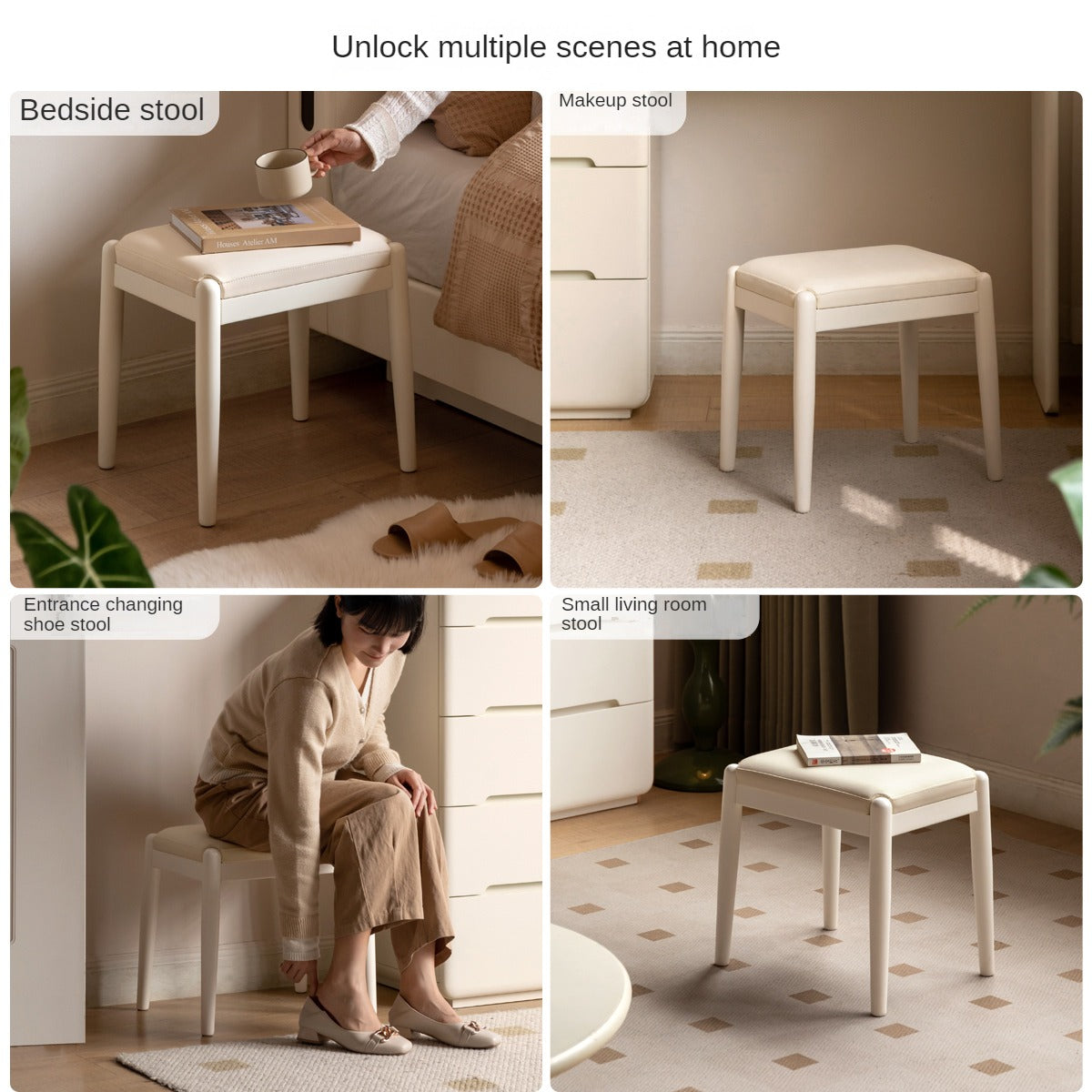Birch Solid Wood, Solid Rubberwood Modern White Makeup Stool