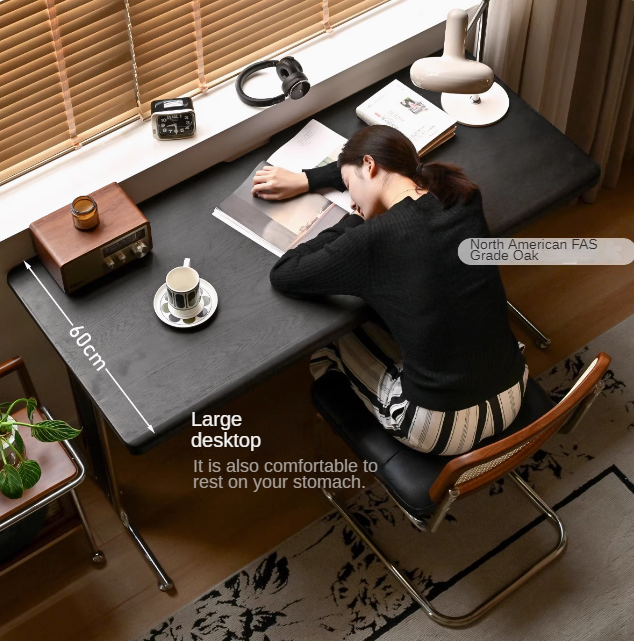 Oak Solid Wood Bauhaus Black Computer Desk.